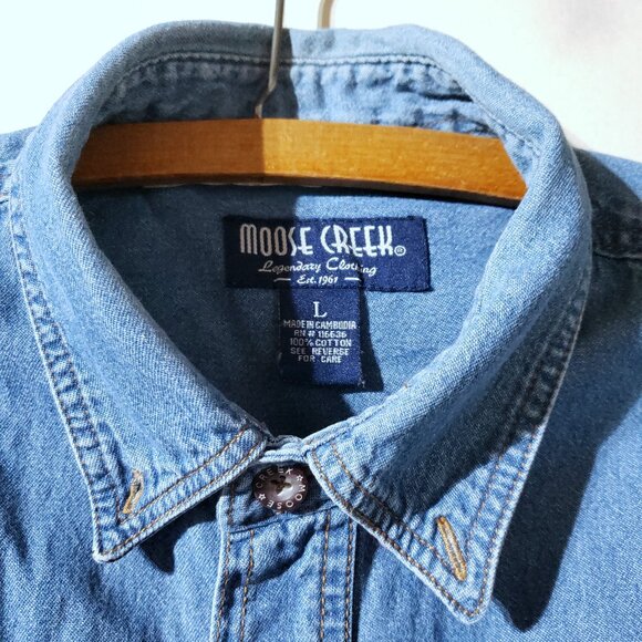 Vintage 90s Moose Creek Mens blue denim Button Down Shirt Cotton size L - Picture 2 of 10